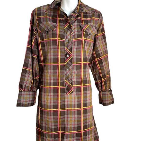 Vintage Plaid Button Down Mini Shirt Dress 1970s Medium - Picture 11 of 11